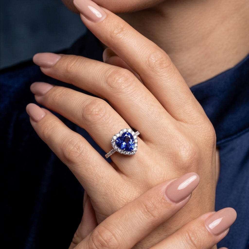 Edwardian Style Sapphire Diamond Heart Cluster Ring 2.37ct Blue Sapphire