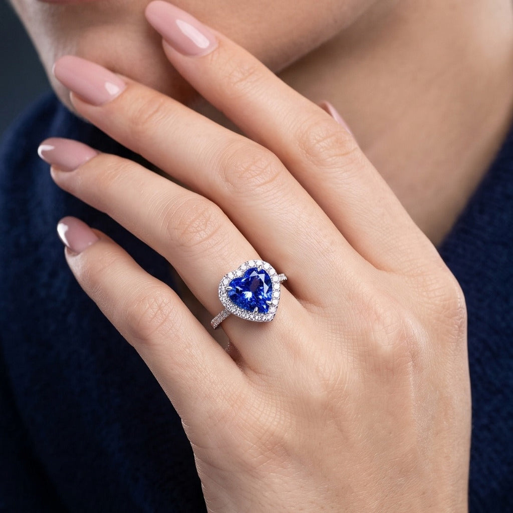 Edwardian Style Tanzanite Diamond Heart Cluster Ring 3.28ct Tanzanite