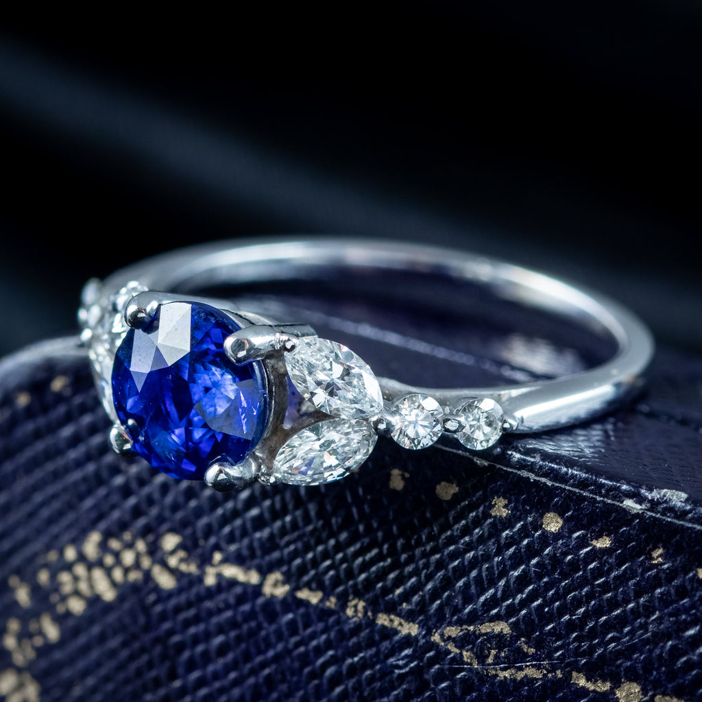 Edwardian Style Sapphire Diamond Ring 0.80ct Blue Sapphire 