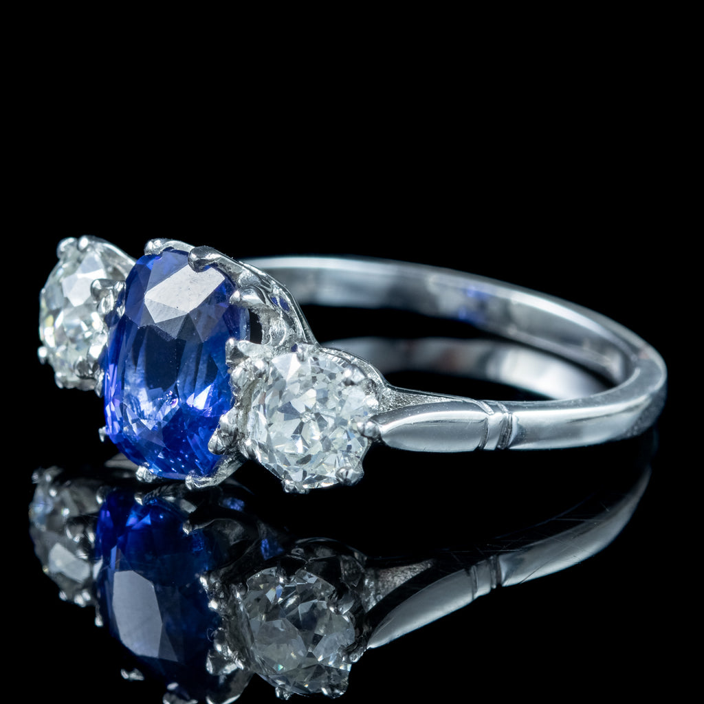 Edwardian Style Sapphire Diamond Trilogy Ring 2.7ct Sapphire 