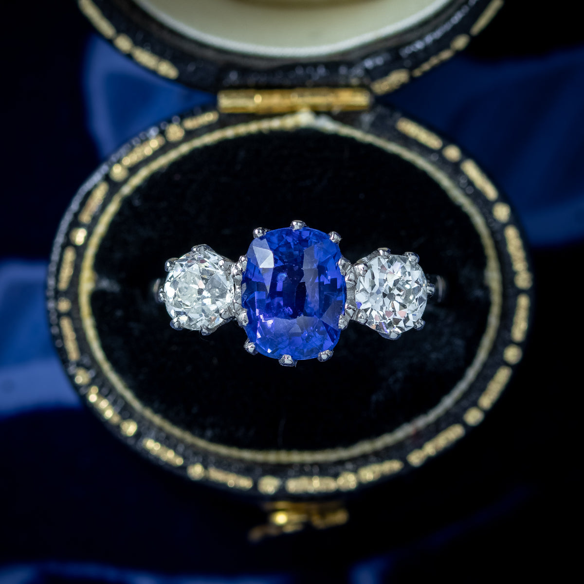 Edwardian Style Sapphire Diamond Trilogy Ring 2.7ct Sapphire 