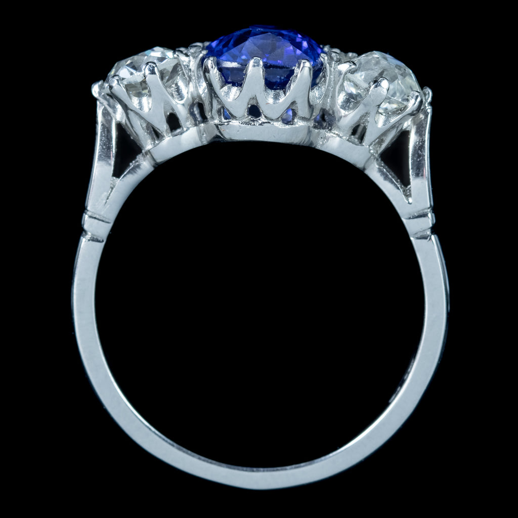 Edwardian Style Sapphire Diamond Trilogy Ring 2.7ct Sapphire 