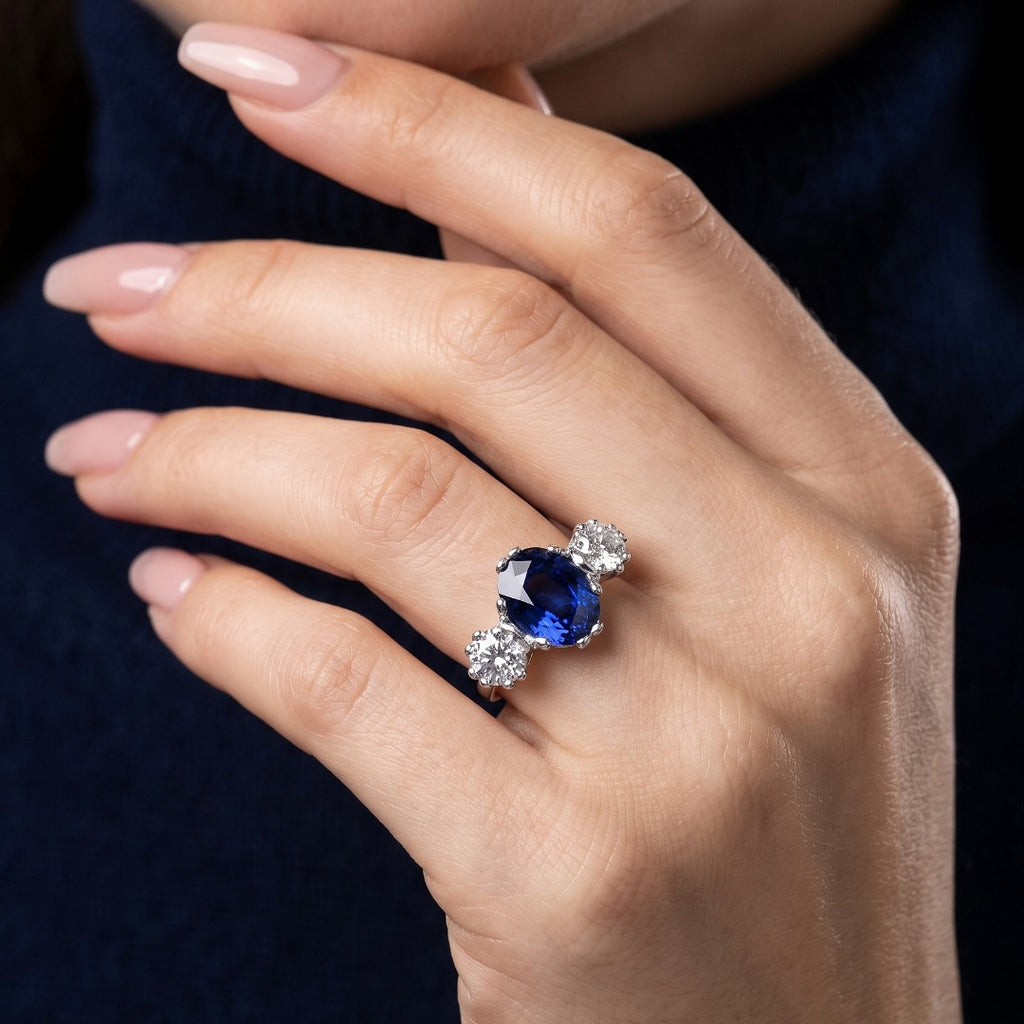 Edwardian Style Sapphire Diamond Trilogy Ring 2ct Sapphire