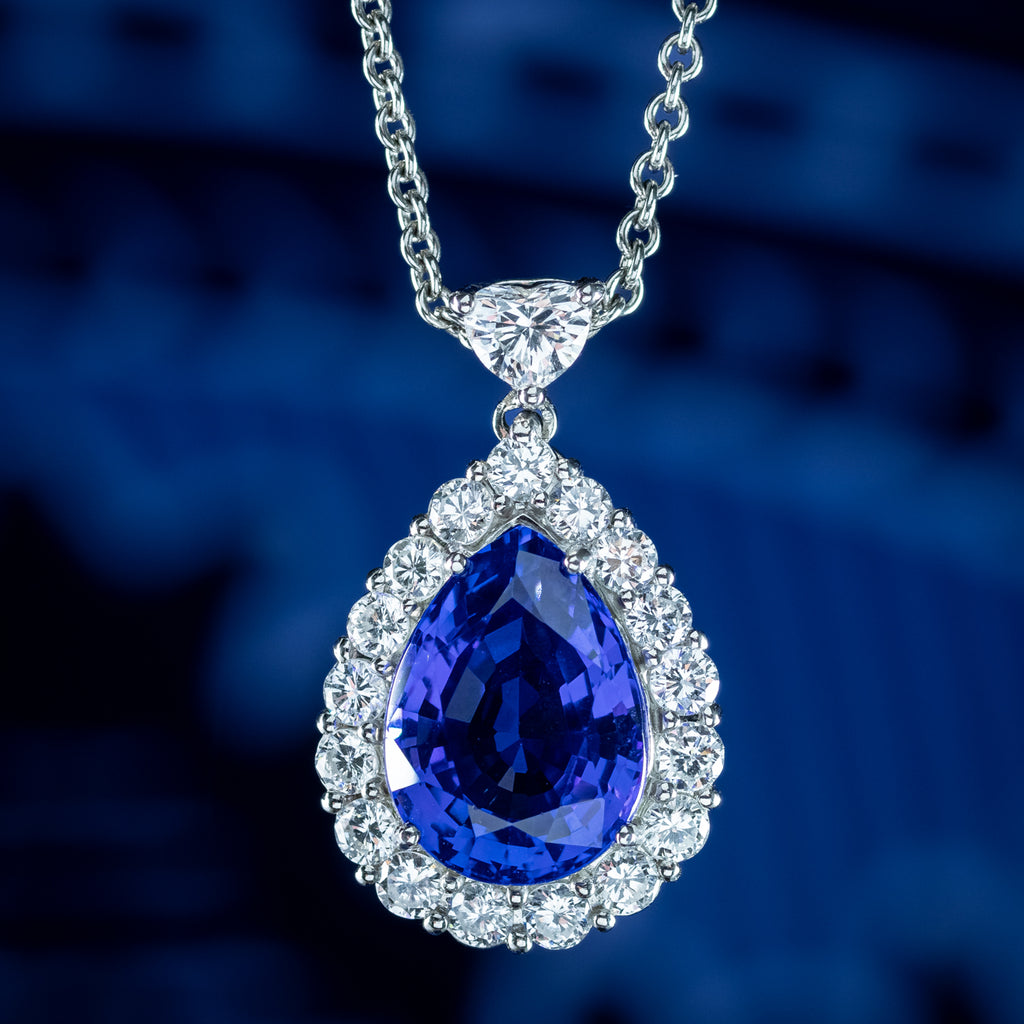 Edwardian Style Tanzanite Diamond Teardrop Pendant Necklace 8ct Tanzanite
