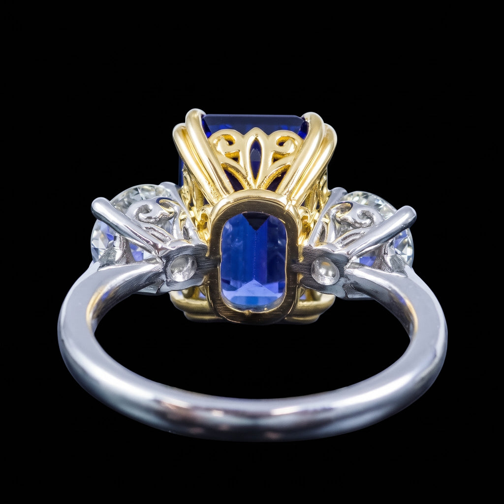 Edwardian Style Tanzanite Diamond Trilogy Ring 6.10ct Tanzanite 