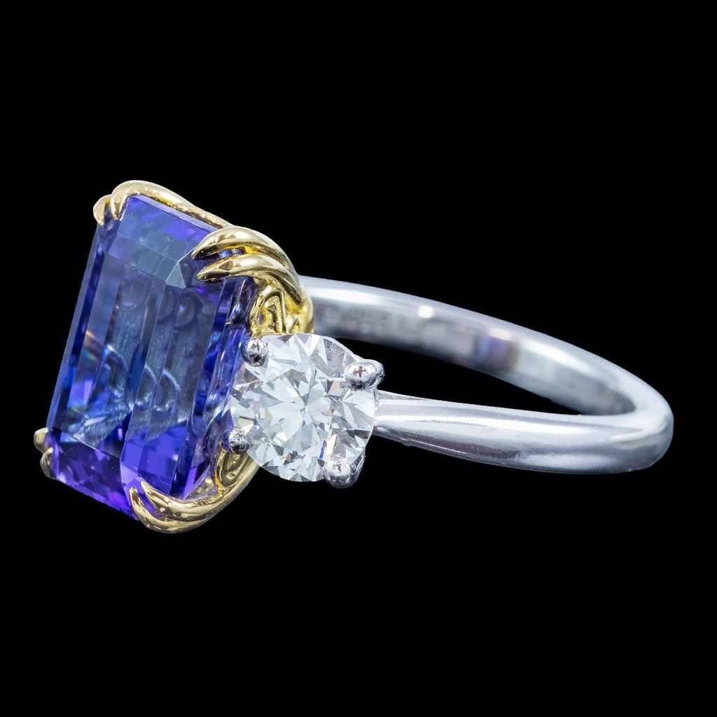 Edwardian Style Tanzanite Diamond Trilogy Ring 6.10ct Tanzanite