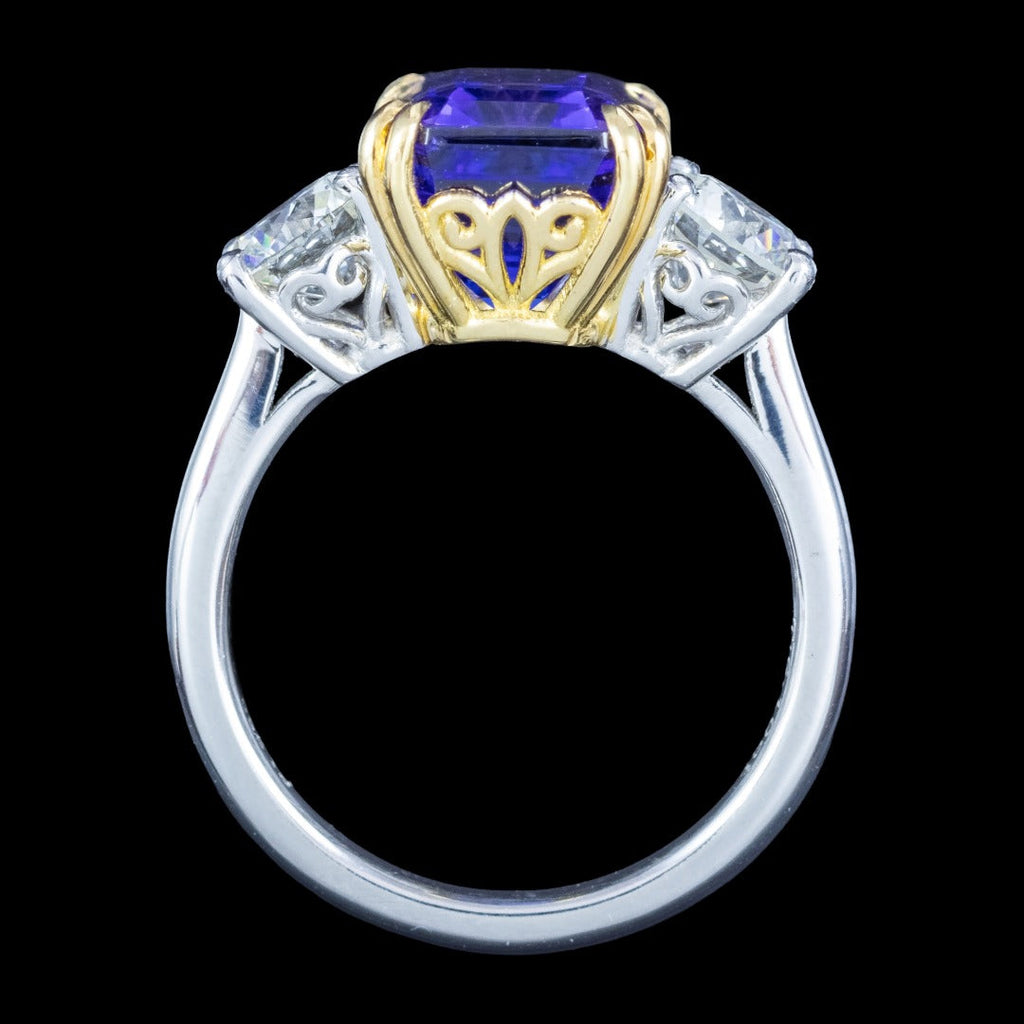 Edwardian Style Tanzanite Diamond Trilogy Ring 6.10ct Tanzanite 
