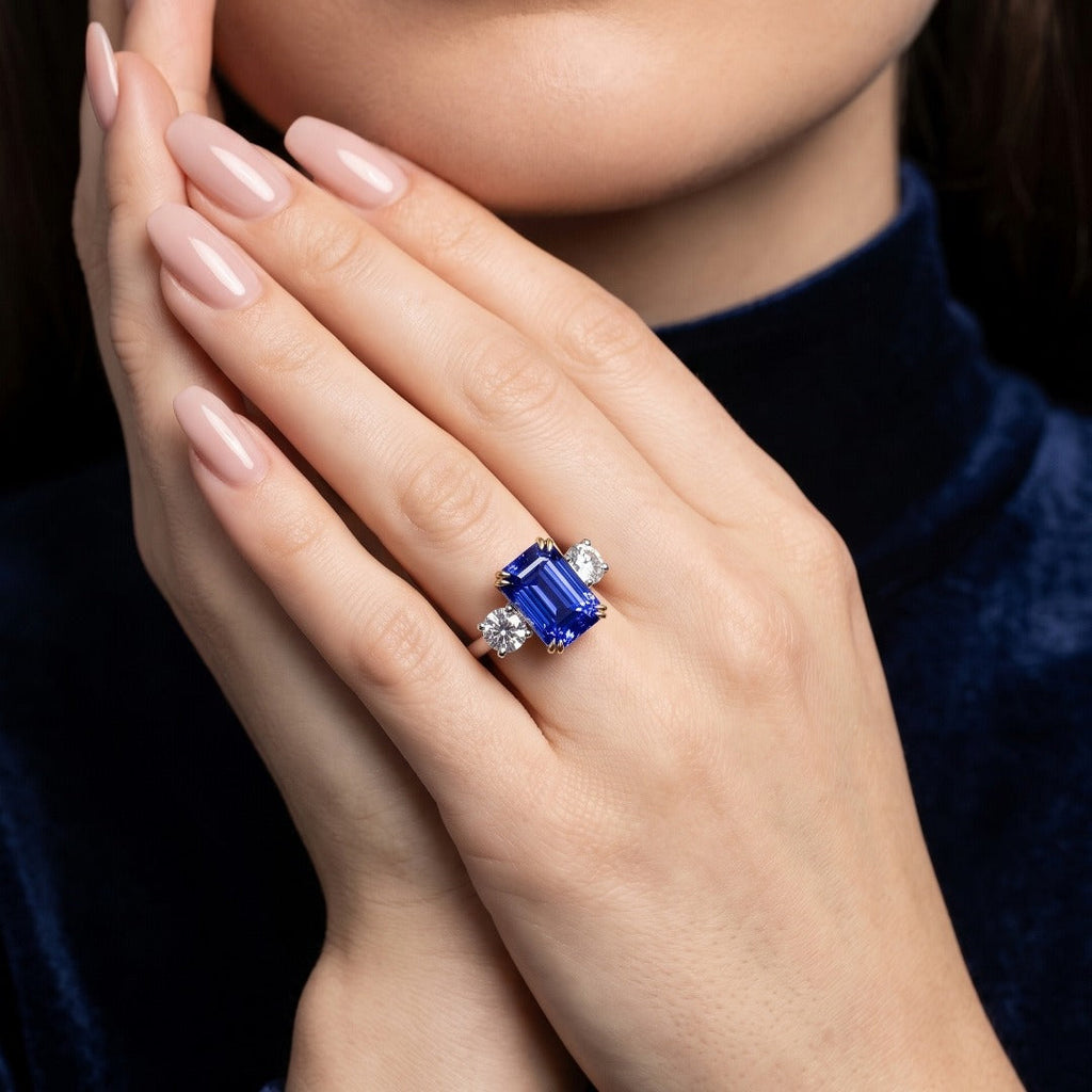 Edwardian Style Tanzanite Diamond Trilogy Ring 6.10ct Tanzanite 
