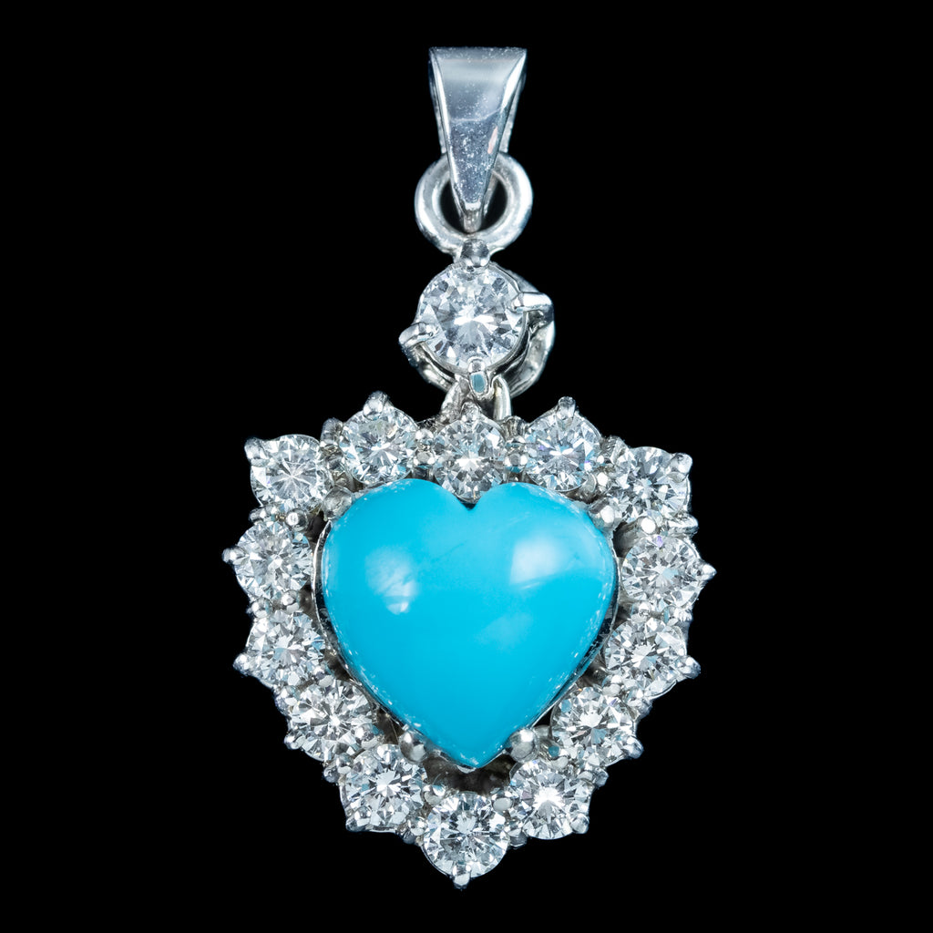 Edwardian Style Turquoise Diamond Heart Pendant Platinum