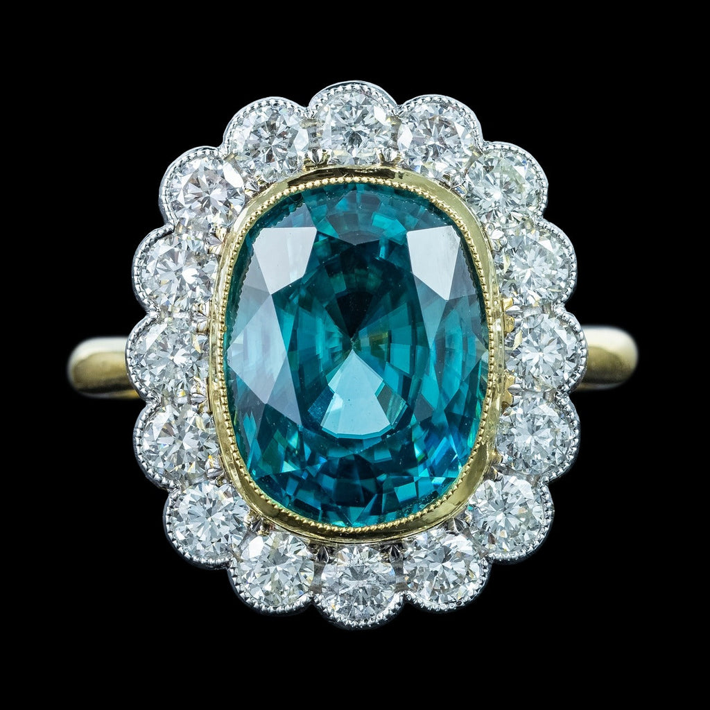 Edwardian Style Zircon Diamond Cluster Cocktail Ring 9.04ct Blue Zircon