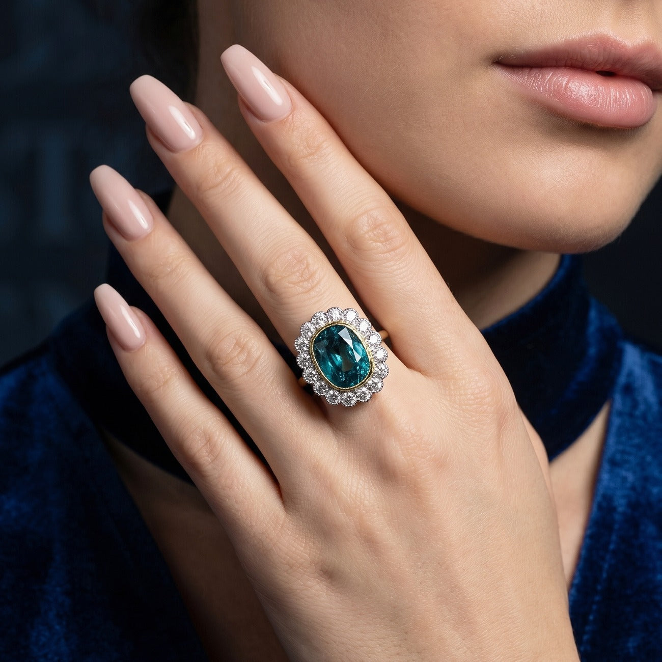 Edwardian Style Zircon Diamond Cluster Cocktail Ring 9.04ct Blue Zircon Secondary image