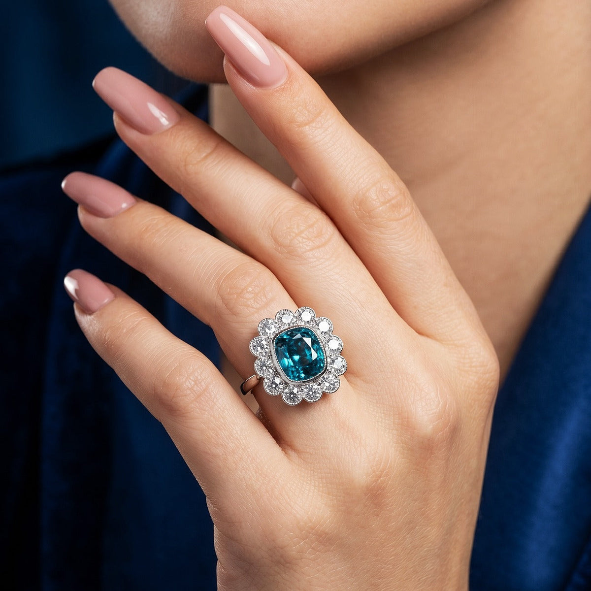 Edwardian Style Zircon Diamond Cluster Ring 5.63ct Blue Zircon