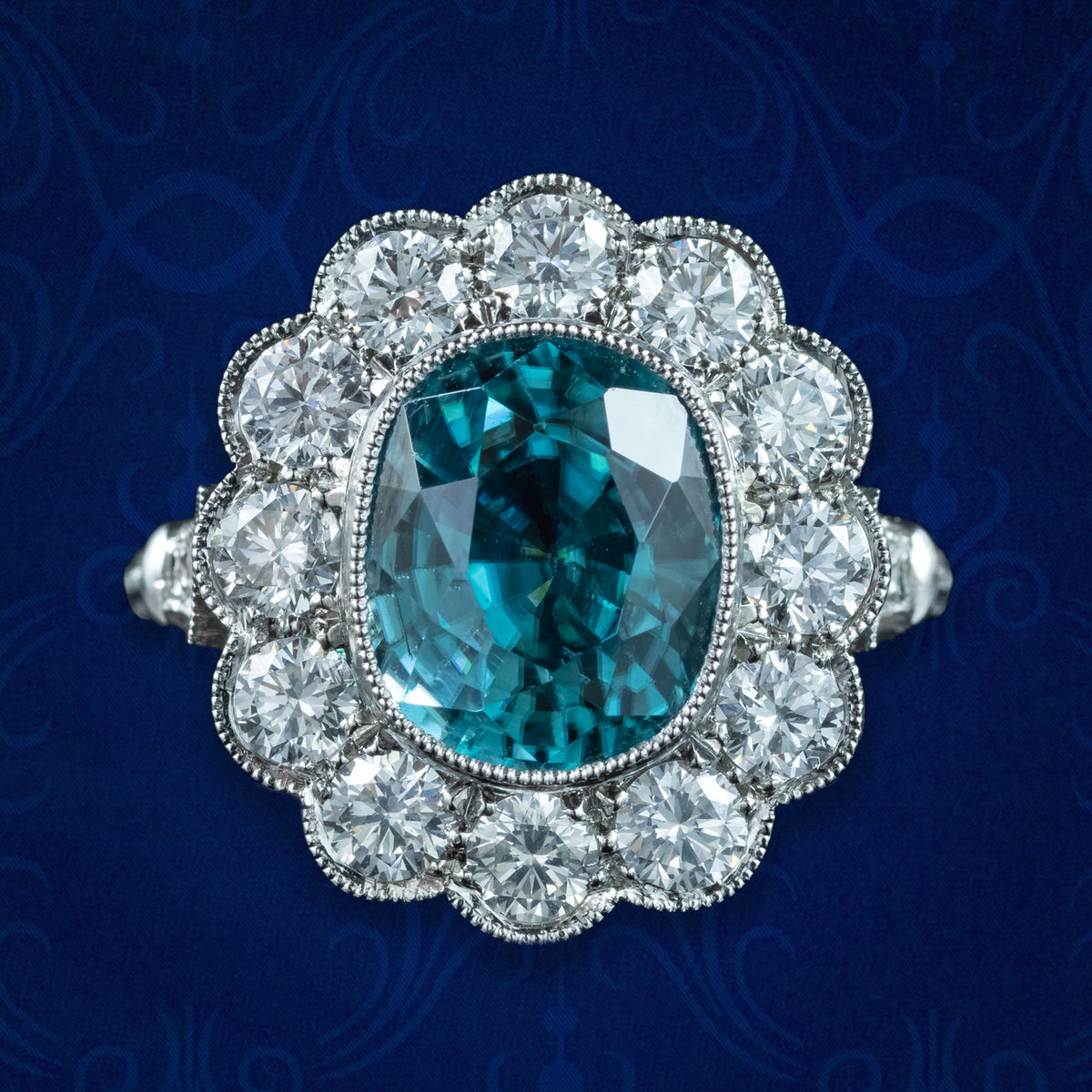 Edwardian Style Zircon Diamond Cluster Ring 6.61ct Blue Zircon