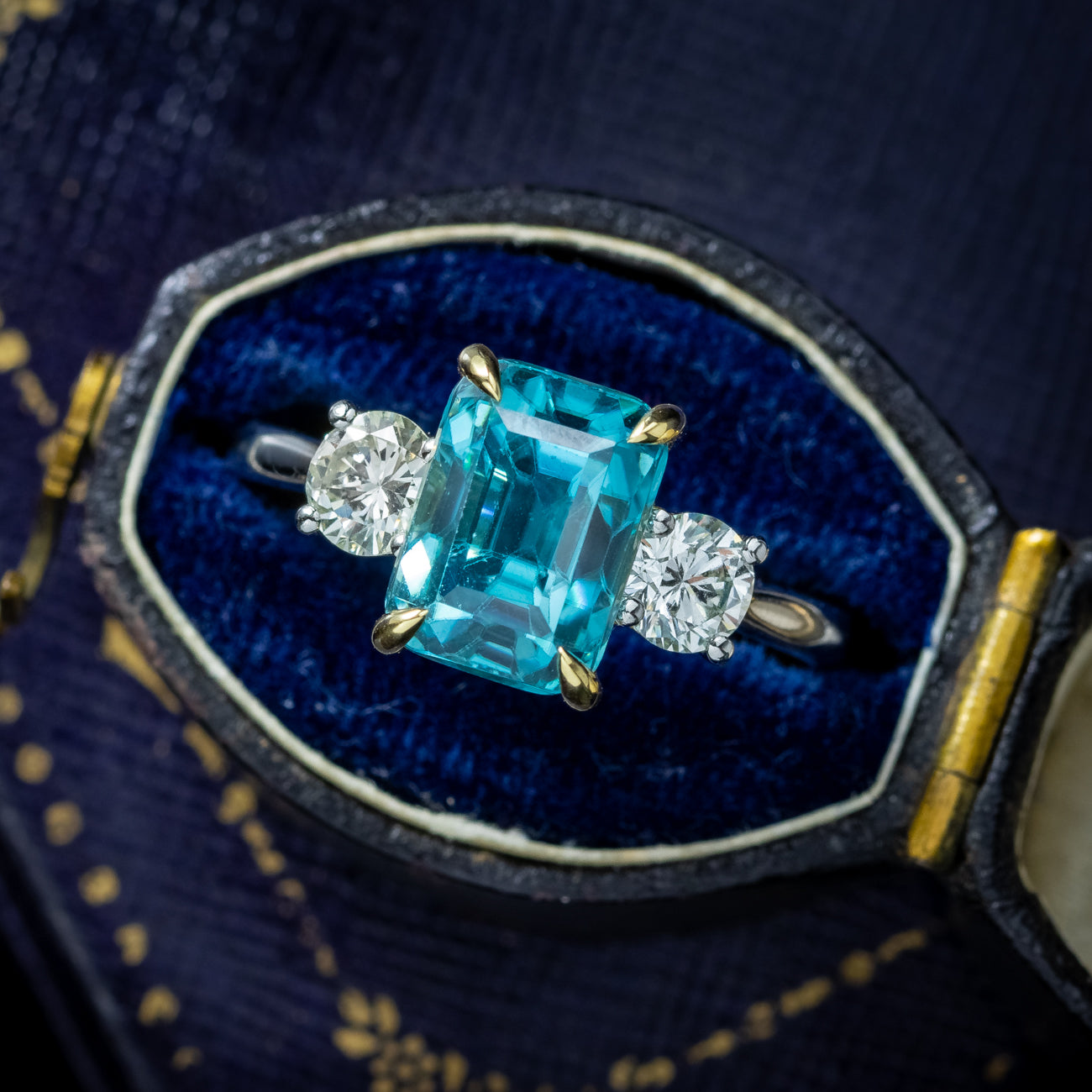 Edwardian Style Zircon Diamond Trilogy Ring 5.88ct Blue Zircon Secondary image
