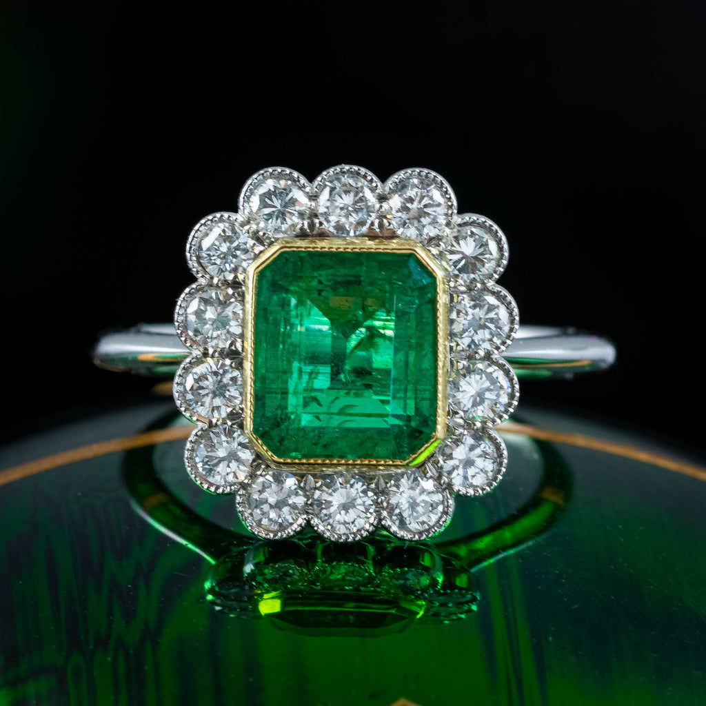 Edwardian Style Emerald Diamond Cluster Ring 2.28ct Emerald