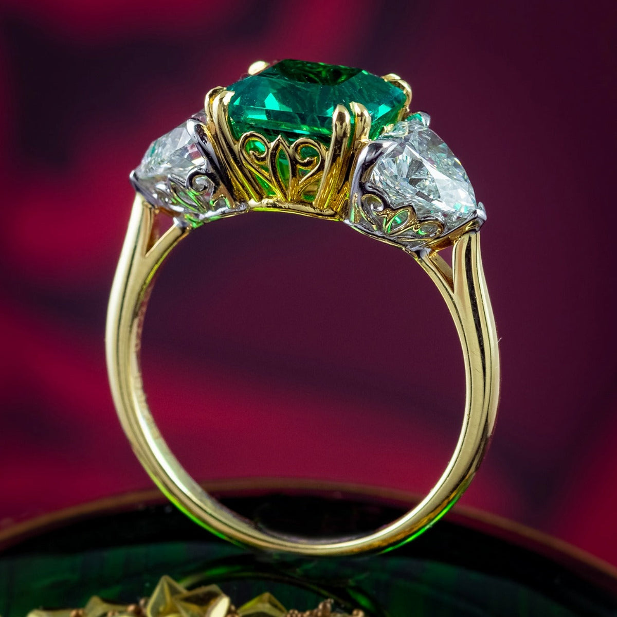 Edwardian Style Lab Grown Emerald Diamond Heart Trilogy Ring With Cert