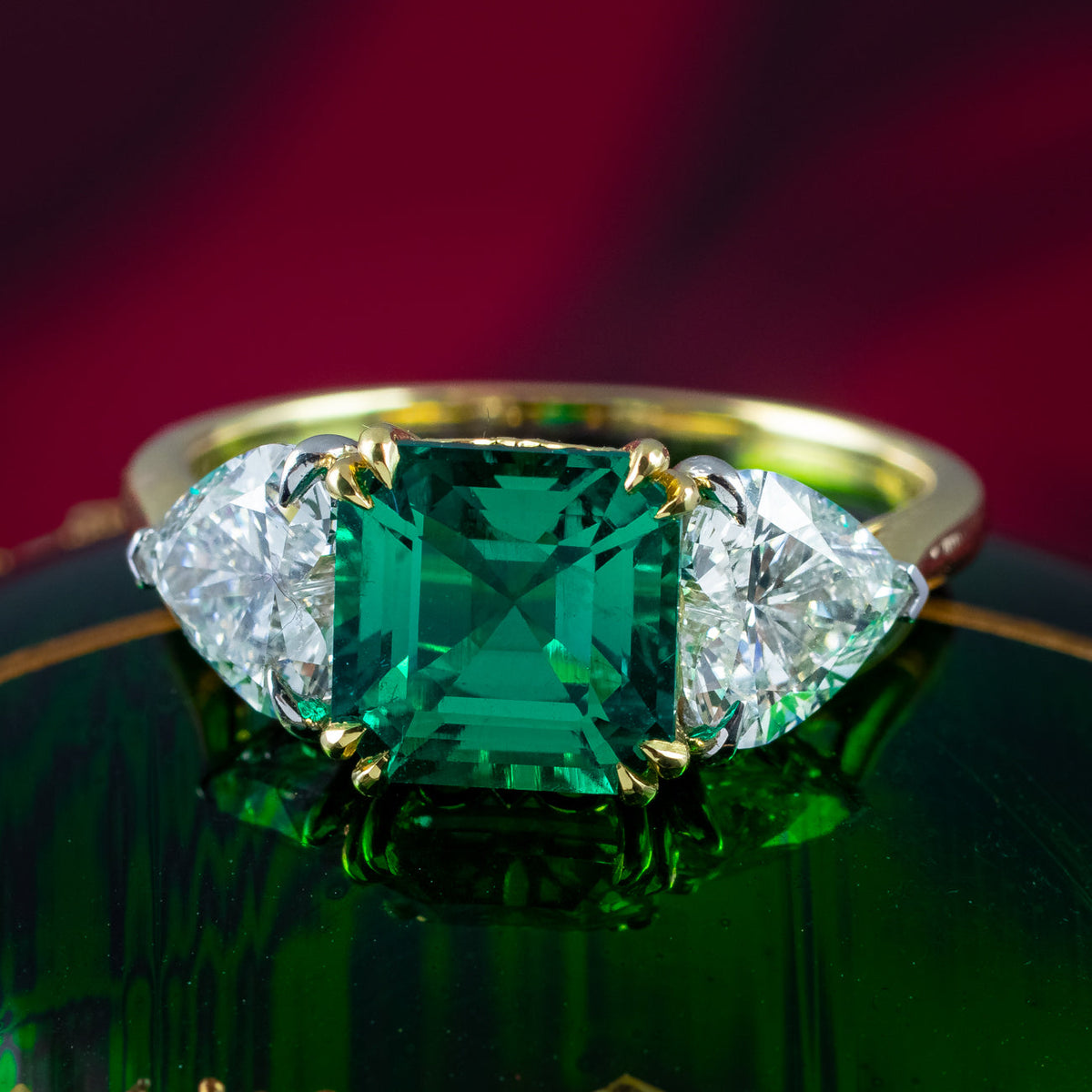 Edwardian Style Lab Grown Emerald Diamond Heart Trilogy Ring With Cert