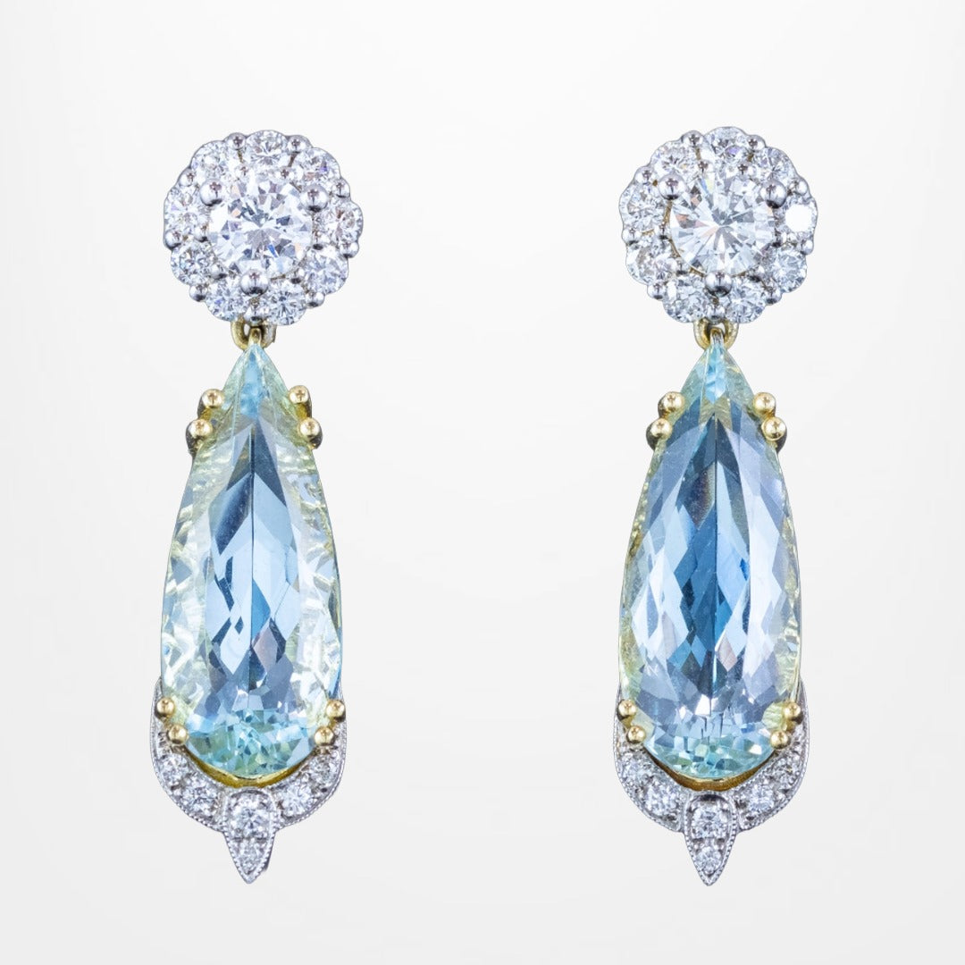 Edwardian Style Aquamarine Diamond Drop Earrings 18ct Gold 7.30ct Aquas Main image