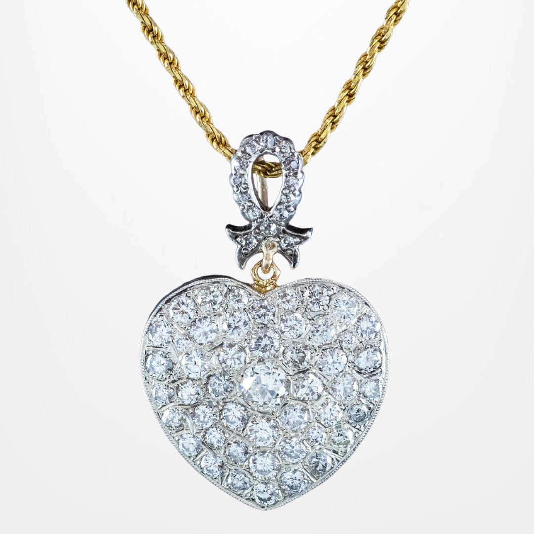Edwardian Style Diamond Heart Pendant Necklace 3.2ct Total