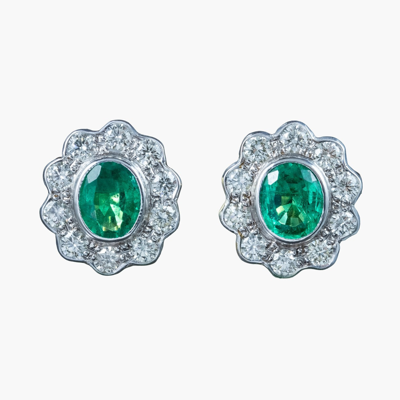 Edwardian Style Emerald Diamond Cluster Earrings 18ct Gold 0.60ct Emeralds