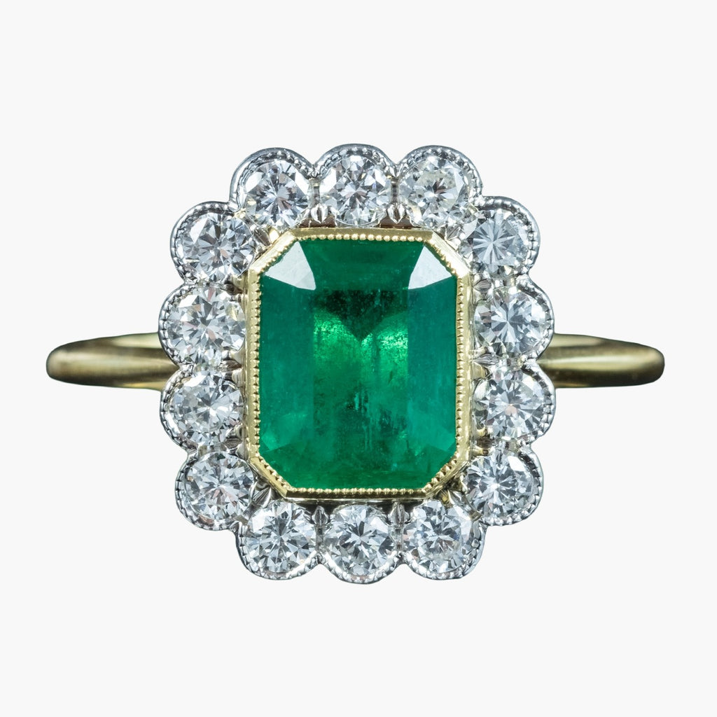 Edwardian Style Emerald Diamond Cluster Ring 2.13ct Emerald