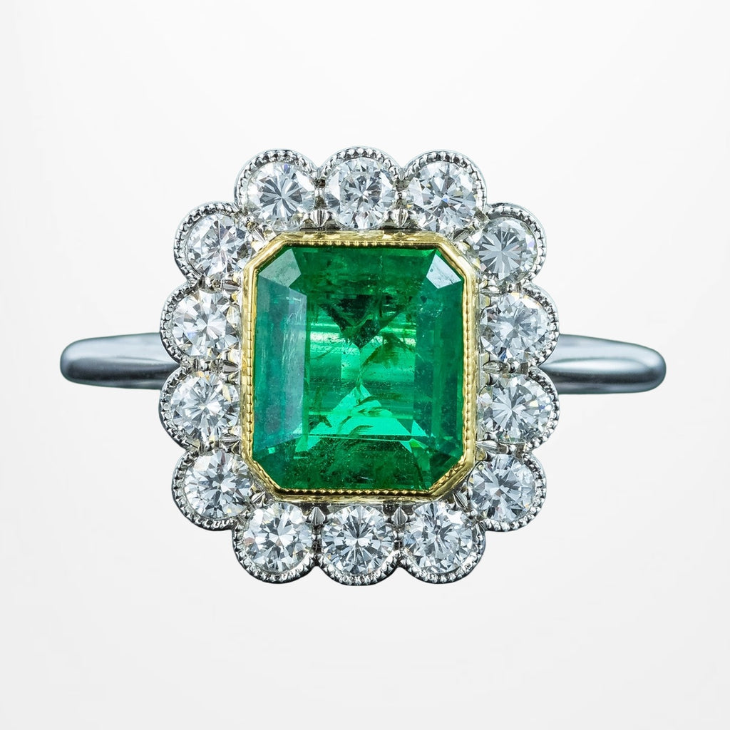 Edwardian Style Emerald Diamond Cluster Ring 2.28ct Emerald