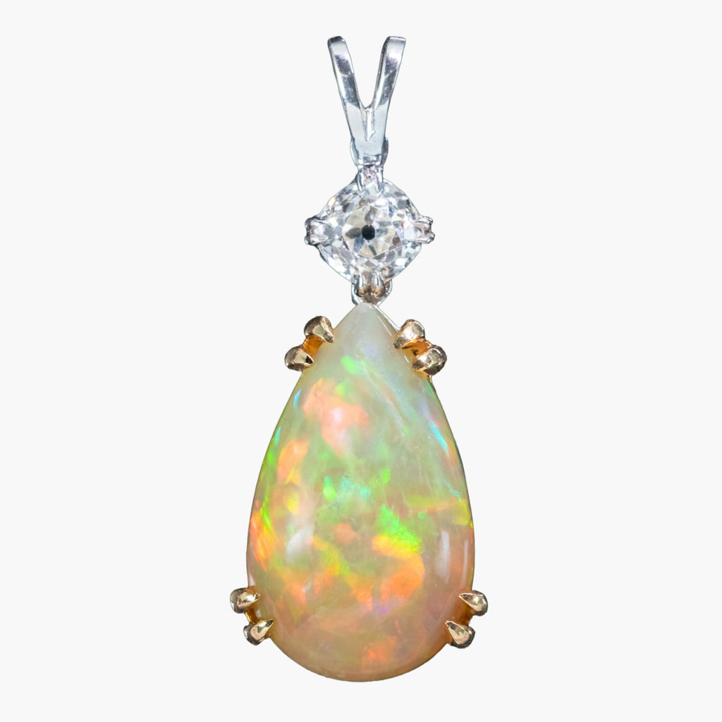 Edwardian Style Opal Diamond Pendant 18ct Gold 5.46ct Opal
