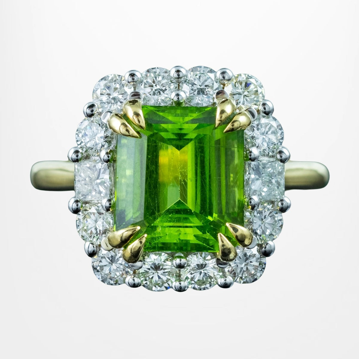 Edwardian Style Peridot Diamond Cluster Ring 4.57ct Peridot With Cert