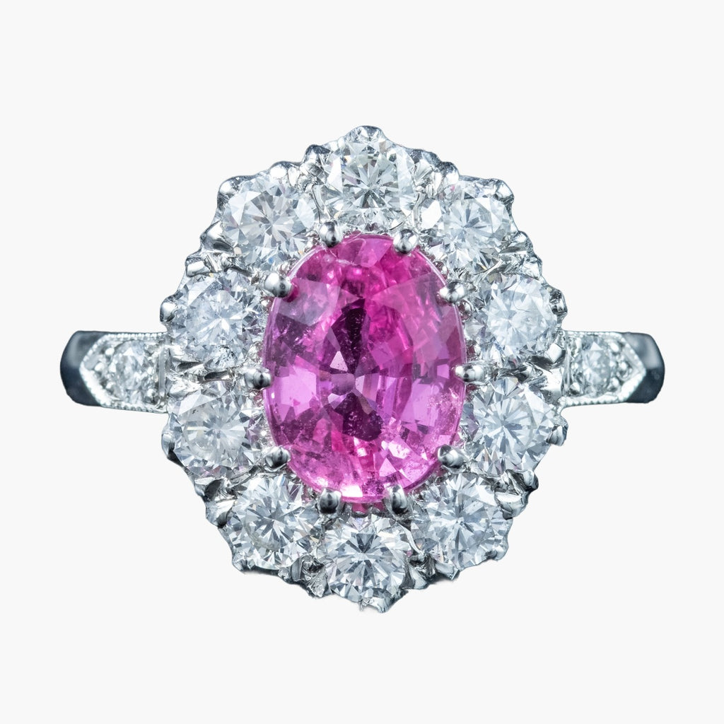 Edwardian Style Pink Sapphire Diamond Cluster Ring 1.75ct Sapphire