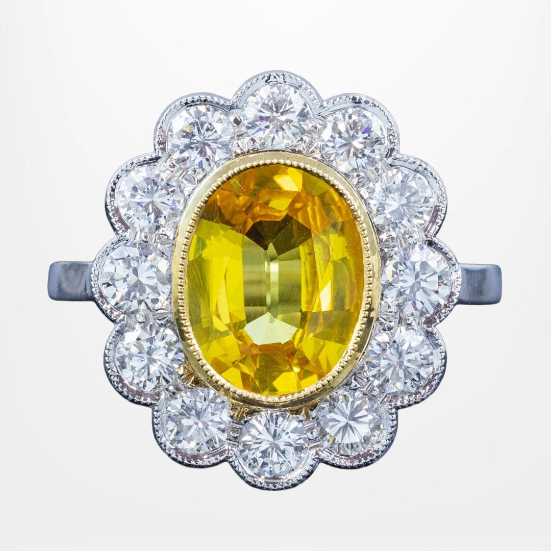 Edwardian Style Sapphire Diamond Daisy Cluster Ring 2.76ct Yellow Sapphire