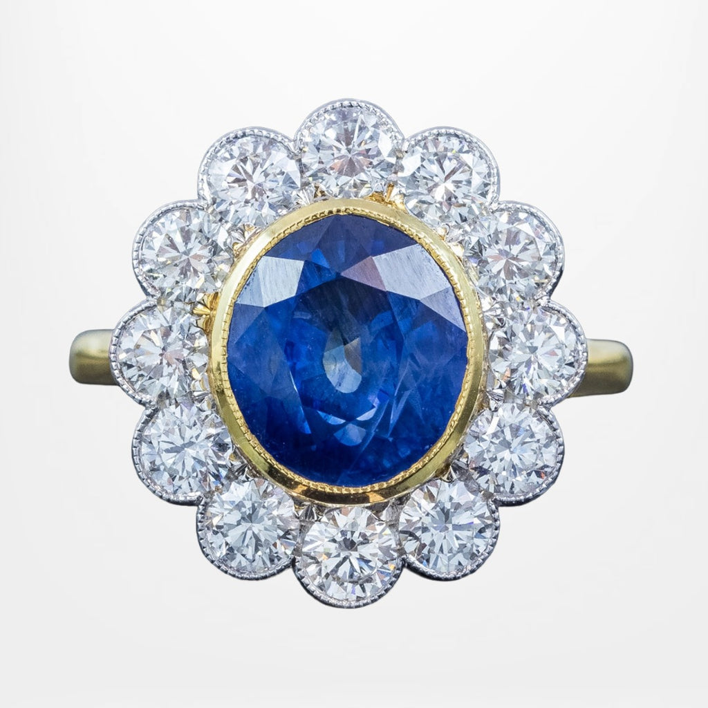 Edwardian Style Sapphire Diamond Daisy Cluster Ring 6.08ct Sapphire With Cert
