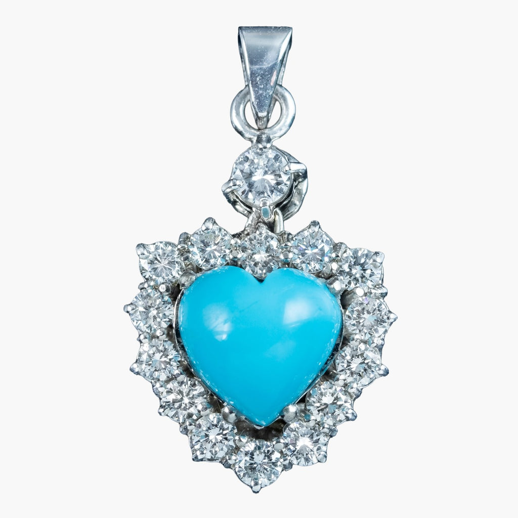 Edwardian Style Turquoise Diamond Heart Pendant Platinum