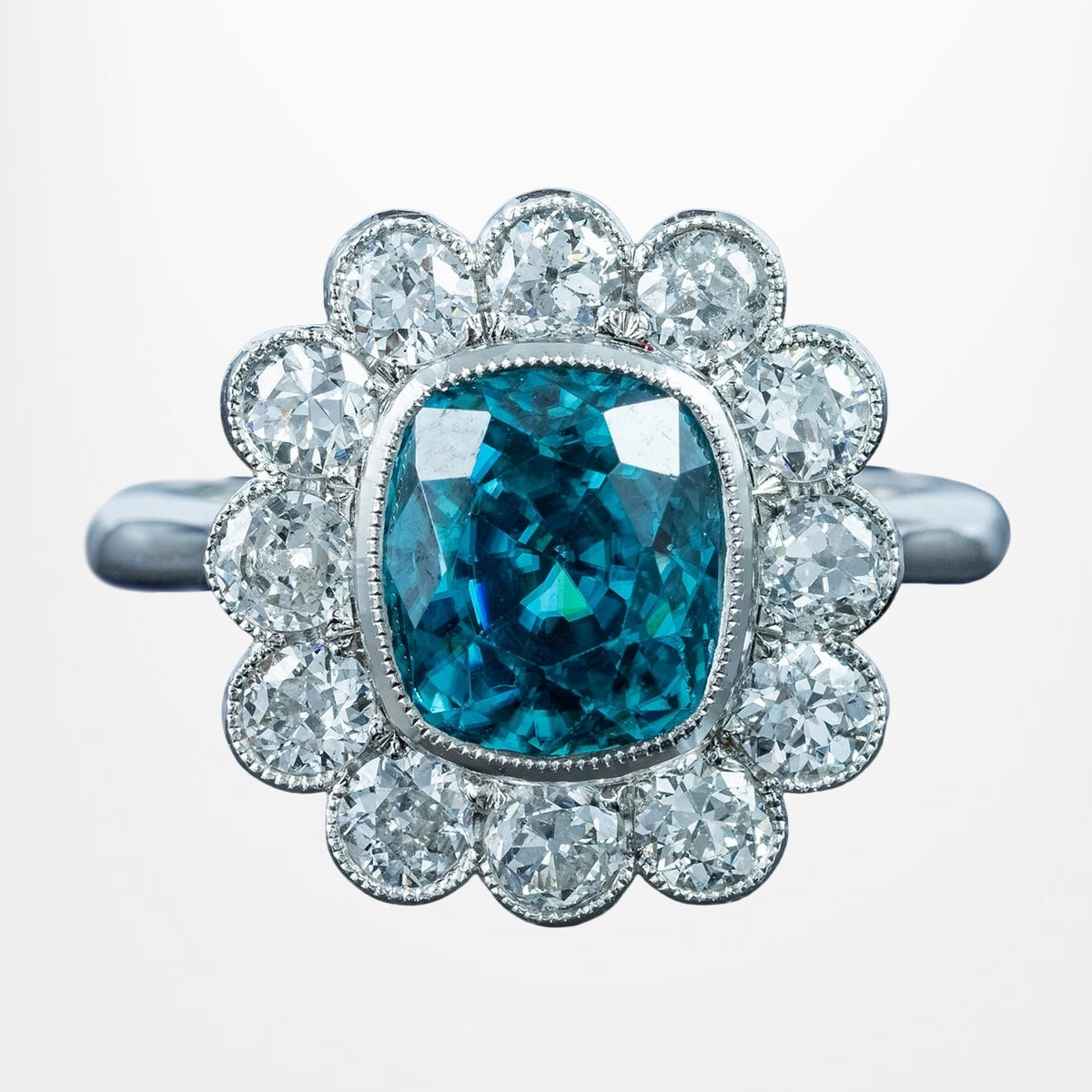 Edwardian Style Zircon Diamond Cluster Ring 5.63ct Blue Zircon Main image