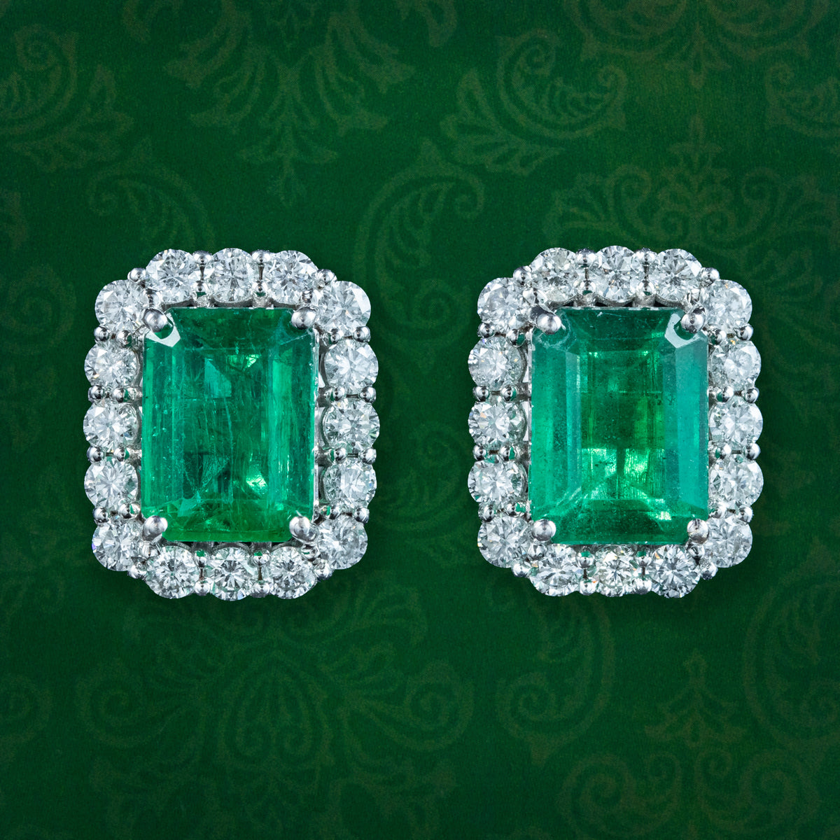 Art Deco Style Emerald Diamond Stud Earrings 18ct Gold 4.28ct Emerald Main image