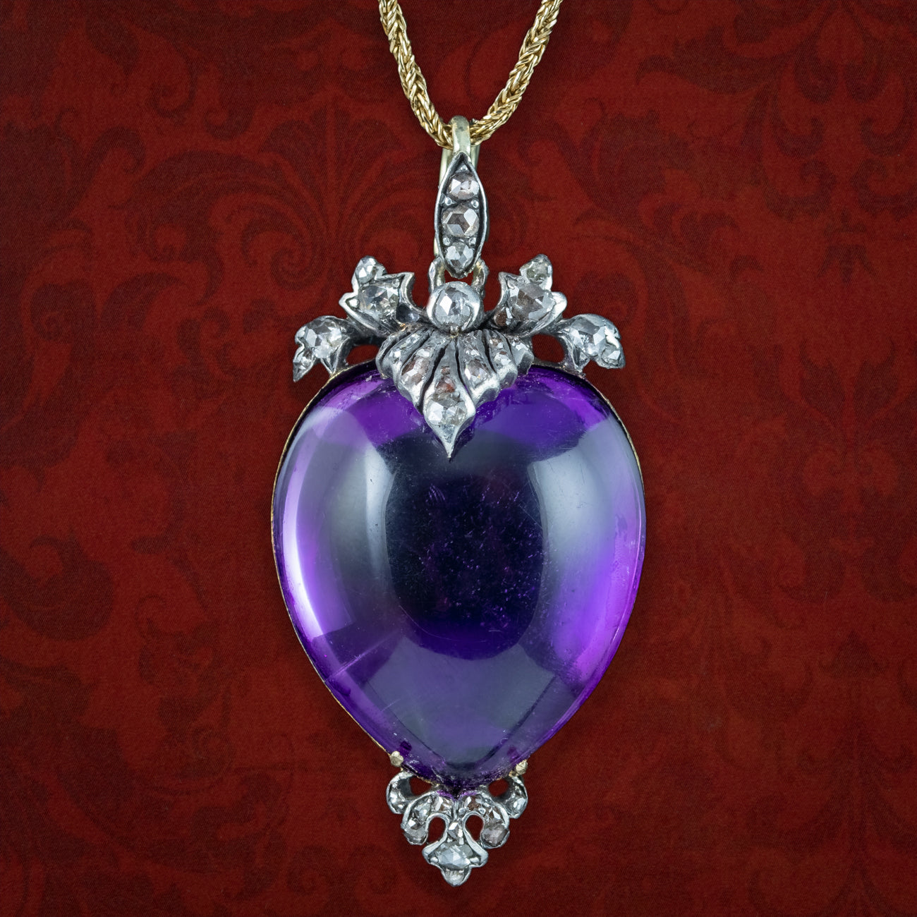 Antique Georgian Amethyst Heart Diamond Pendant Locket Necklace Main image