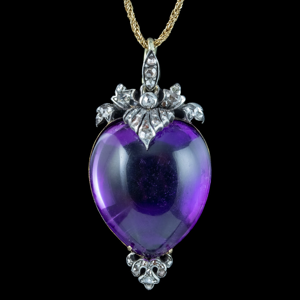 Antique Georgian Amethyst Heart Diamond Pendant Locket Necklace
