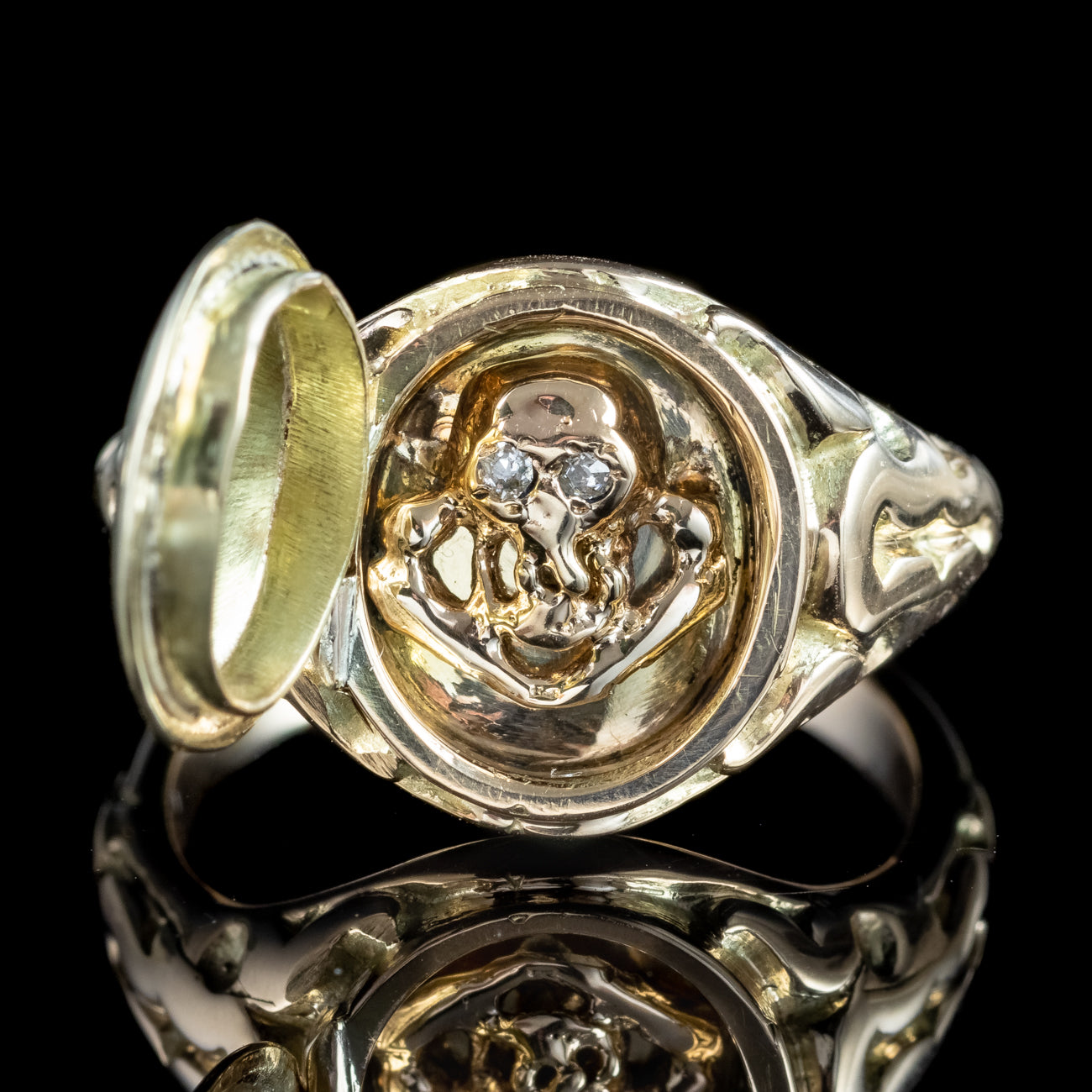 Georgian Style Memento Mori Locket Ring With Diamond Skull 