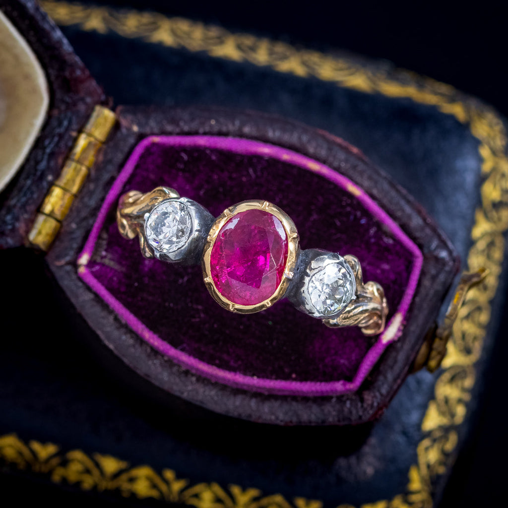 Georgian Style Ruby Diamond Trilogy Ring 0.85ct Ruby