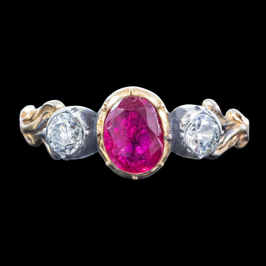 Georgian Style Ruby Diamond Trilogy Ring 0.85ct Ruby