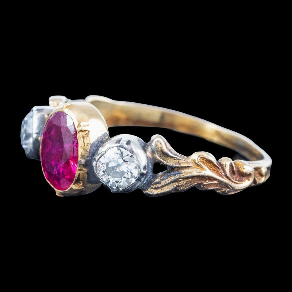 Georgian Style Ruby Diamond Trilogy Ring 0.85ct Ruby