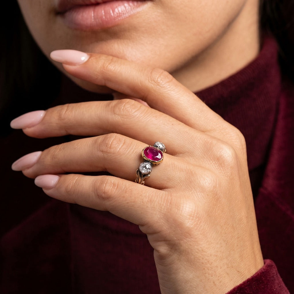 Georgian Style Ruby Diamond Trilogy Ring 0.85ct Ruby