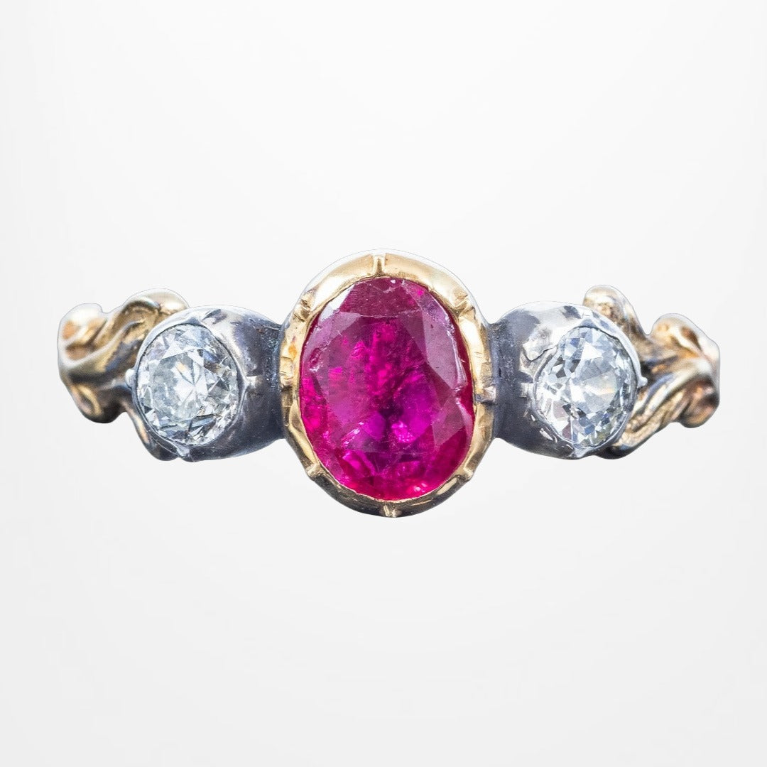 Georgian Style Ruby Diamond Trilogy Ring 0.85ct Ruby