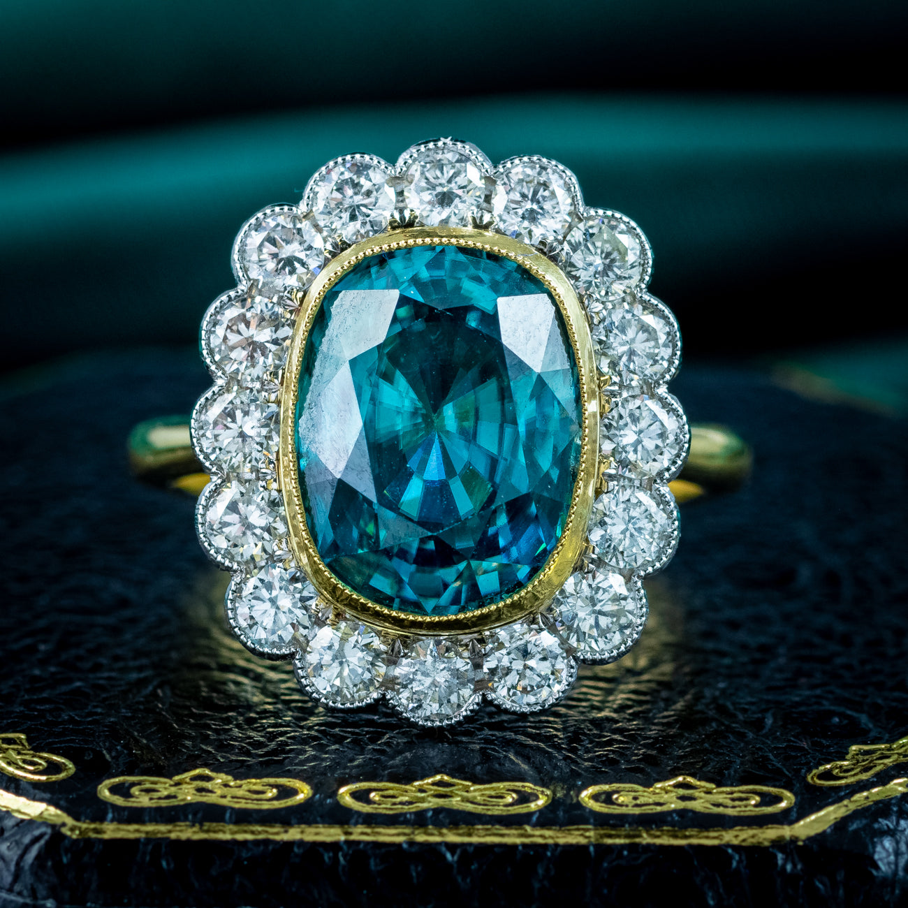 Edwardian Style Zircon Diamond Cluster Cocktail Ring 9.04ct Blue Zircon