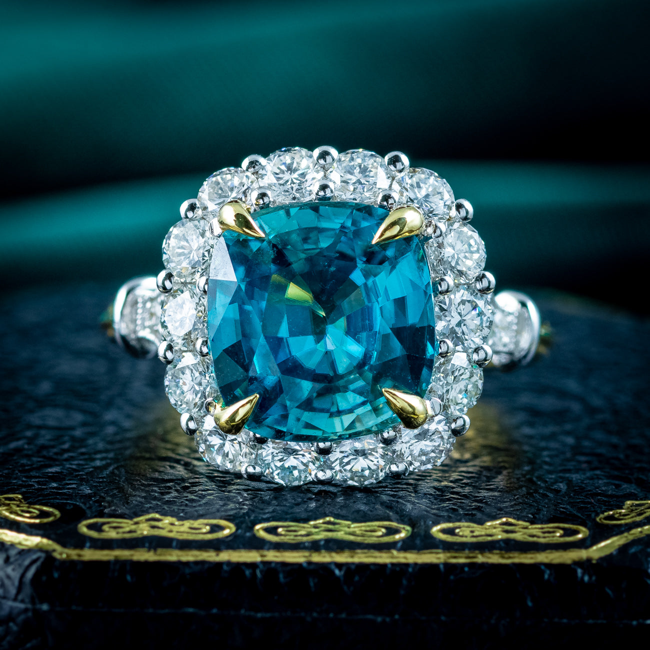 Edwardian Style Zircon Diamond Cluster Ring 6.58ct Blue Zircon