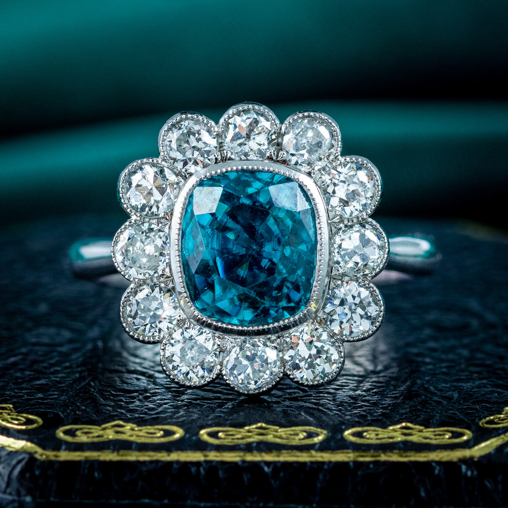Edwardian Style Zircon Diamond Cluster Ring 5.63ct Blue Zircon