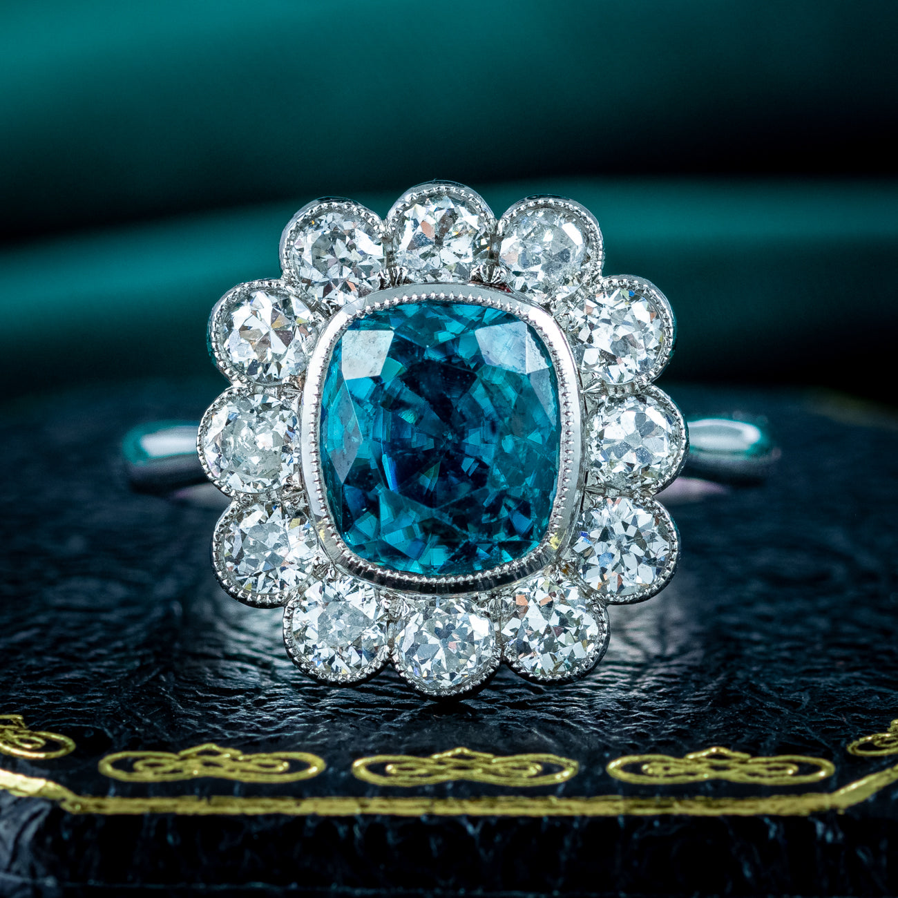 Edwardian Style Zircon Diamond Cluster Ring 5.63ct Blue Zircon