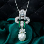 Vintage Pendant Necklace Pearl Emerald Diamond 18ct Gold With Box