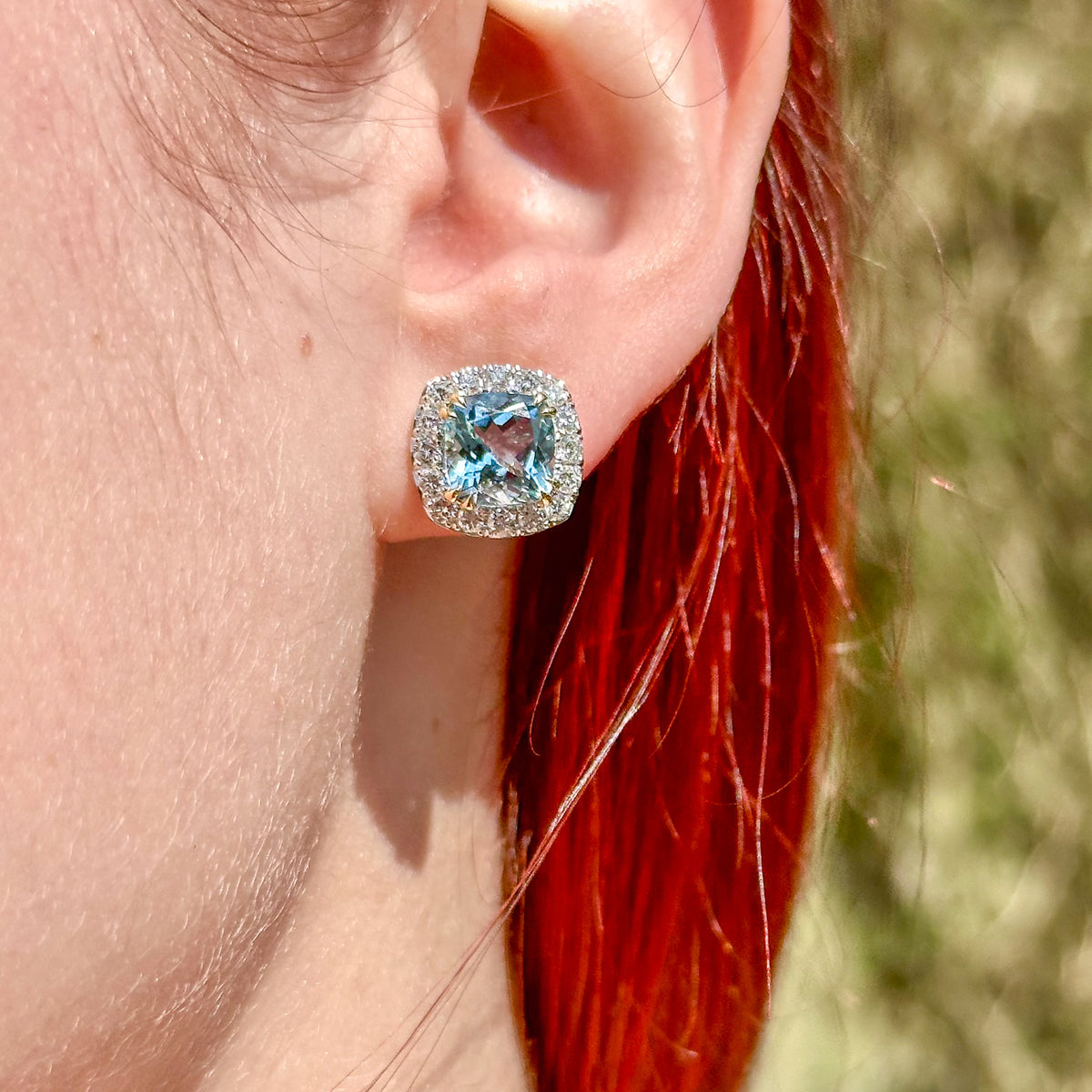 Edwardian Style Aquamarine Diamond Stud Earrings 18ct Gold 4.37ct Aquamarine
