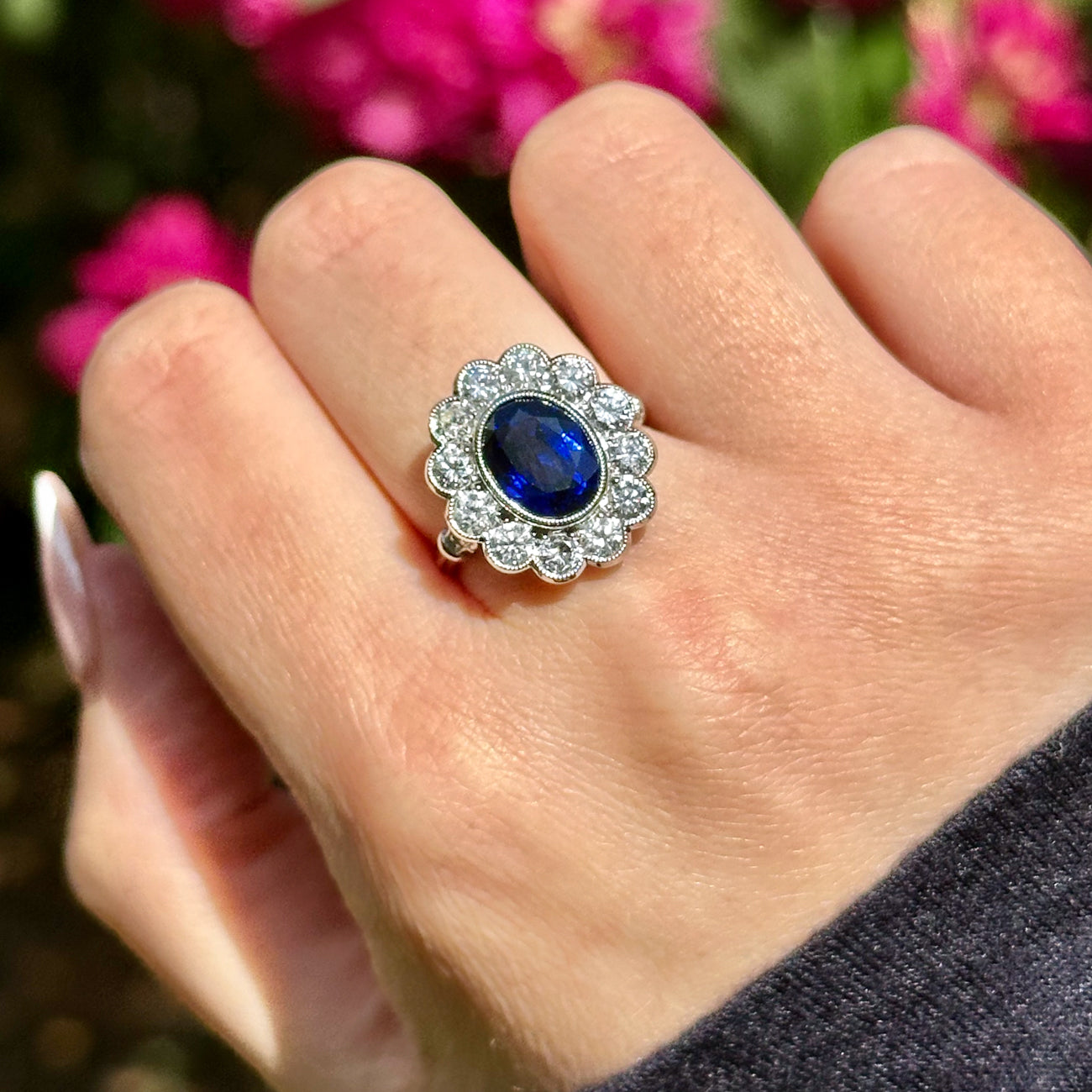 Edwardian Style Sapphire Diamond Cluster Ring 3.50ct Sapphire