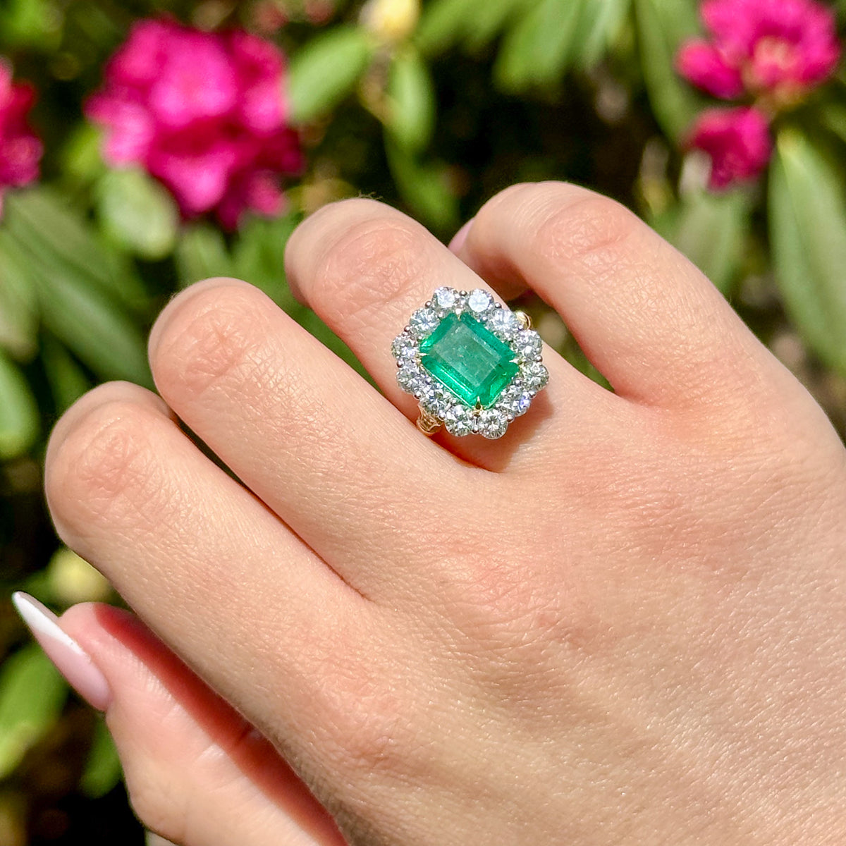 Edwardian Style Emerald Diamond Cluster Ring 3.03ct Emerald
